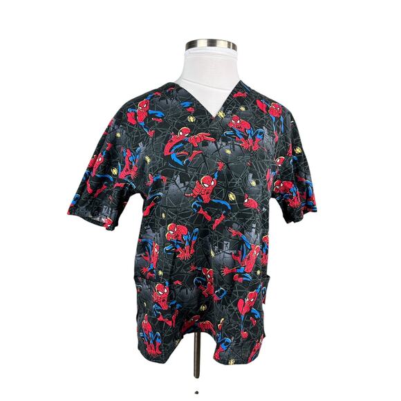 ✨2/$20 Marvel x Ultimate Spiderman Nurse CNA V-Neck Spider-Man Scrub Top Large - Picture 3 of 13